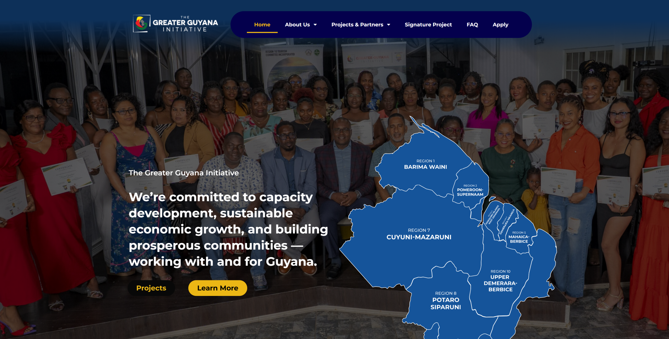Greater Guyana Initiative website homepage with its community photograph and Guyana map